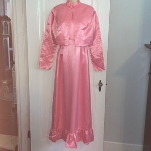 Vtg 70s pink satin halter ruffle neck party/prom dress with matching jacket